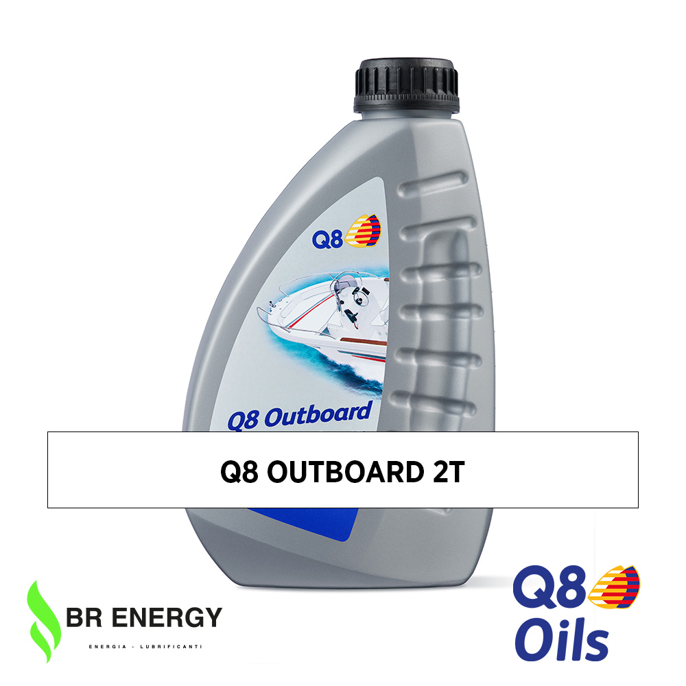 Q8 Outboard 2T in flacone Q8Oils, olio per motori fuoribordo 2 tempi raffreddati ad acqua
