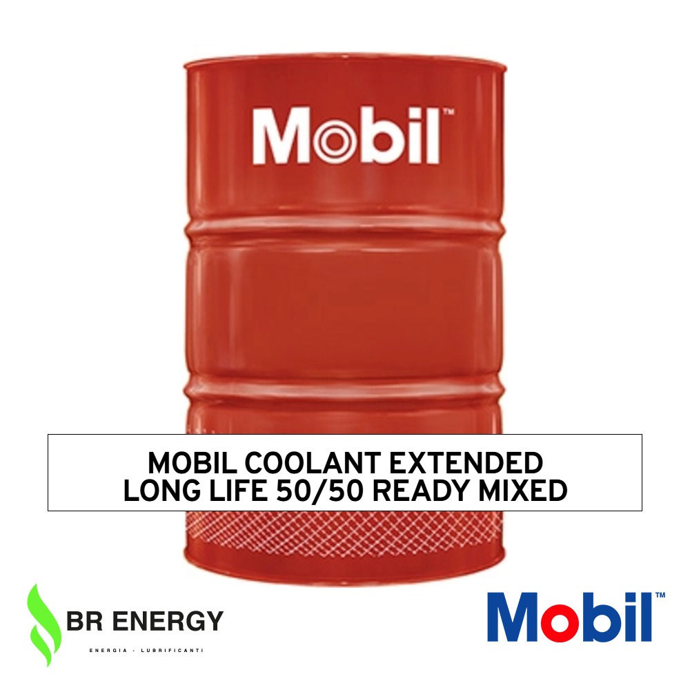 Mobil Coolant Extended Long Life 50/50 Ready Mixed in fusto Mobil, refrigerante OAT pronto all'uso per motori e flotte miste